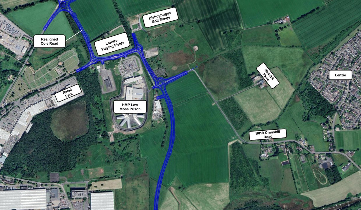 Map of the preferred route – Option A. It is the most westerly of the choices, running north from Lochgrog Roundabout, east of HMP Low Moss, and connecting to the existing road network at Crosshill Road. It includes pedestrian and cycling paths, as well as an upgraded Torrance Roundabout.
