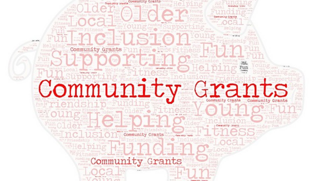 Image of a piggy bank with words including Community Grants, inclusion, supporting, older and local