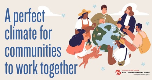 graphic of people gathered round a globe with the text 'a perfect climate for communities to work together'