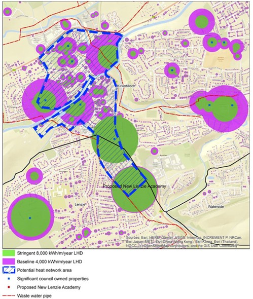 the proposed study area (outlined in blue), where clusters of buildings which could have sufficient heat demand density for a commercially viable heat network will be further investigated