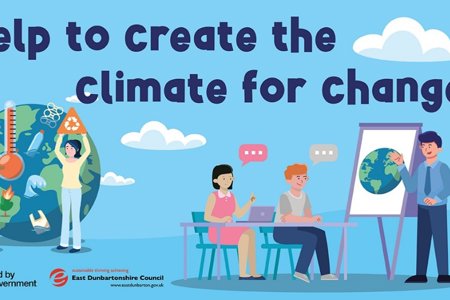 People participating in carbon literacy training with the words "help to create the climate for change" above them
