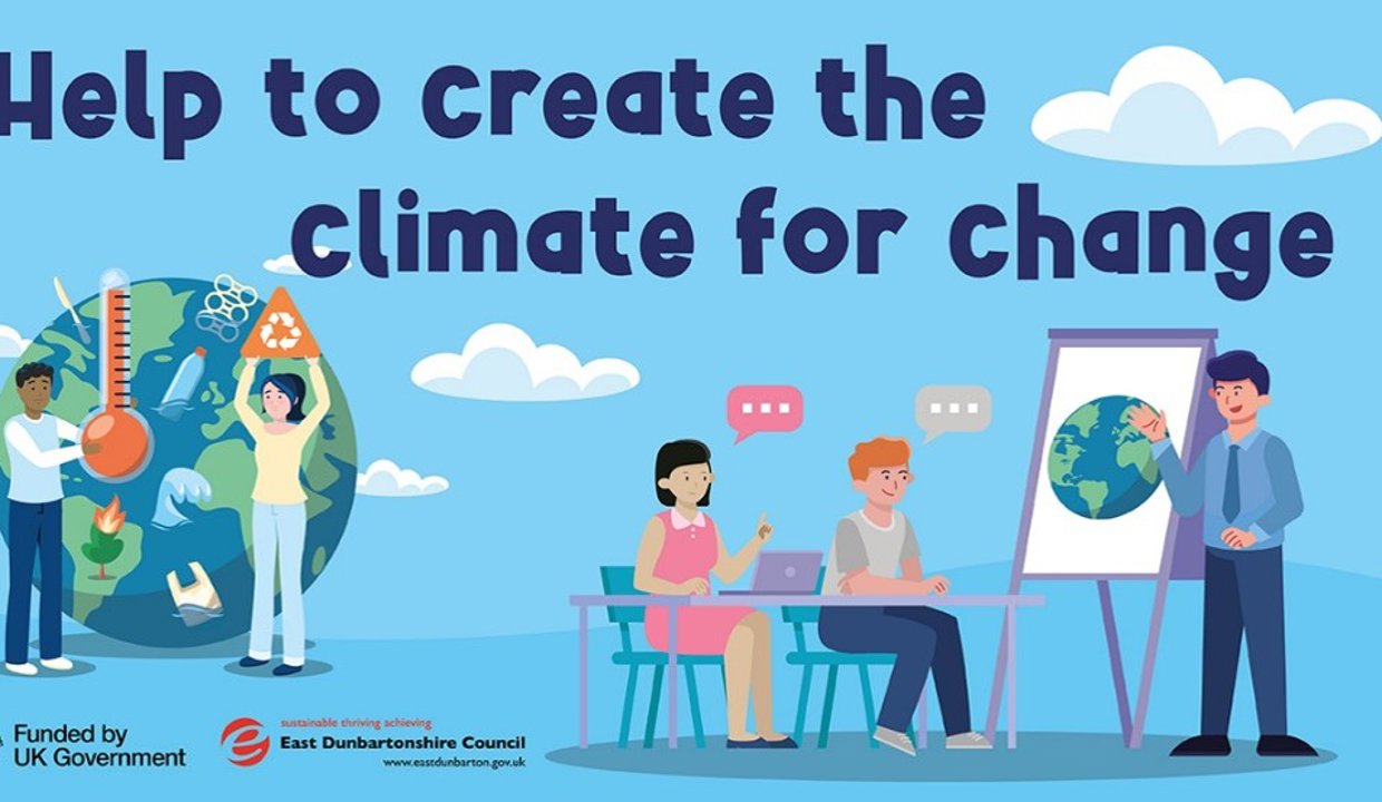 People participating in carbon literacy training with the words "help to create the climate for change" above them