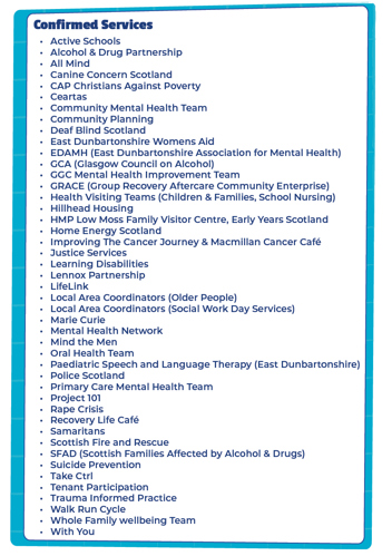 Confirmed Services . • • • · • • • · • • . • • Active Schools Alcohol & Drug Partnership All Mind Canine Concern Scotland CAP Christians Against Poverty Ceartas Community Mental Health Team Community Planning Deaf Blind Scotland East Dunbartonshire Womens Aid EDAMH (East Dunbartonshire Association for Mental Health) GCA (Glasgow Council on Alcohol) GGC Mental Health Improvement Team GRACE (Group Recovery Aftercare Community Enterprise) Health Visiting Teams (Children & Families, School Nursing) Hillhead Housing HMP Low Moss Family Visitor Centre, Early Years Scotland Home Energy Scotland Improving The Cancer Journey & Macmillan Cancer Café • Justice Services • Learning Disabilities • Lennox Partnership LifeLink Local Area Coordinators (Older People) Local Area Coordinators (Social Work Day Services) • Marie Curie · Mental Health Network • Mind the Men • Oral Health Team • • • . • · • • • • . Paediatric Speech and Language Therapy (East Dunbartonshire) Police Scotland Primary Care Mental Health Team Project 101 Rape Crisis Recovery Life Café Samaritans Scottish Fire and Rescue SFAD (Scottish Families Affected by Alcohol & Drugs) Suicide Prevention Take Ctrl Tenant Participation Trauma Informed Practice Walk Run Cycle Whole Family wellbeing Team With You