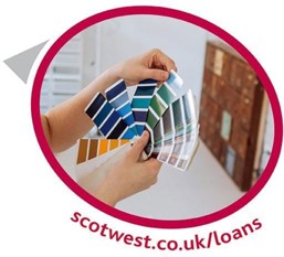 person holding a colour chart with scotwest.co.uk/loans underneath