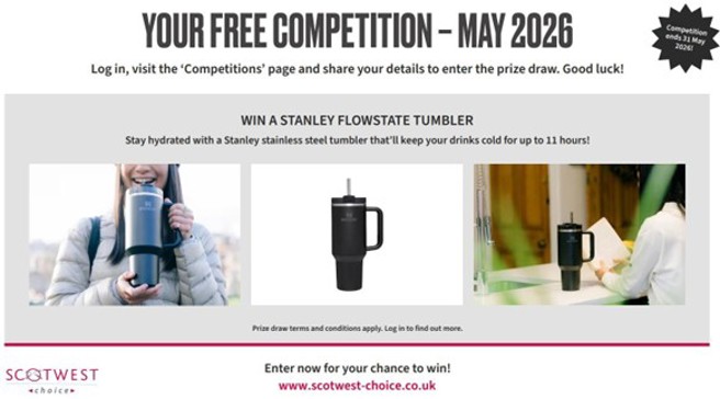 map competition - three pictures of a stanley cup and the text 'your free competition - may 2026 log in, visit the competition page and share your details to enter the prize draw, good luck!