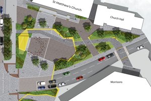 An indicative artist’s impression of how the Civic Space might look – showing paved areas, trees and open space from above.