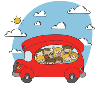 Kids on a red school bus with blue sky and clouds in the background