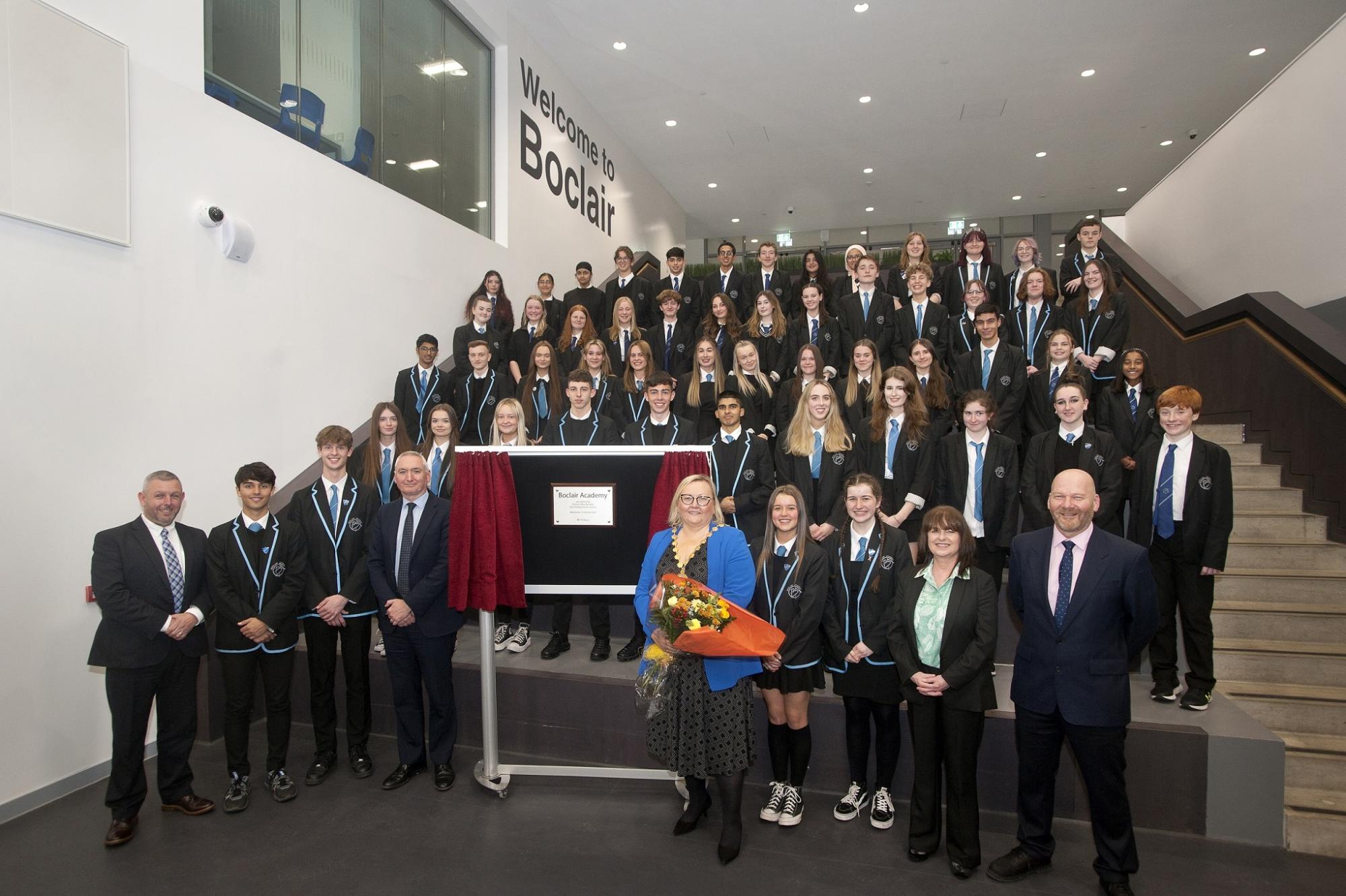 Provost Gillian Renwick celebrates the official opening of the new Boclair Academy with pupils