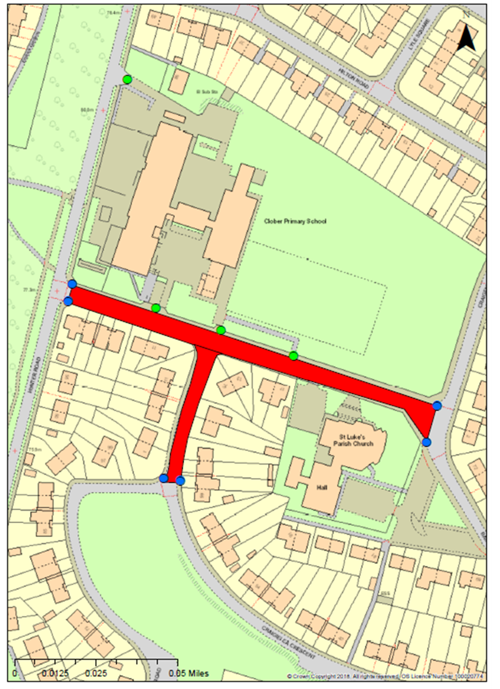 Map of area surrounding Clober Primary school in Milngavie highlighting that Kirk Street and Craigielea Crescent (from its junction with Kirk Street to its junction with Ashburn Road) will be closed during school hours as part of the pilot. The map also shows potential sign locations.