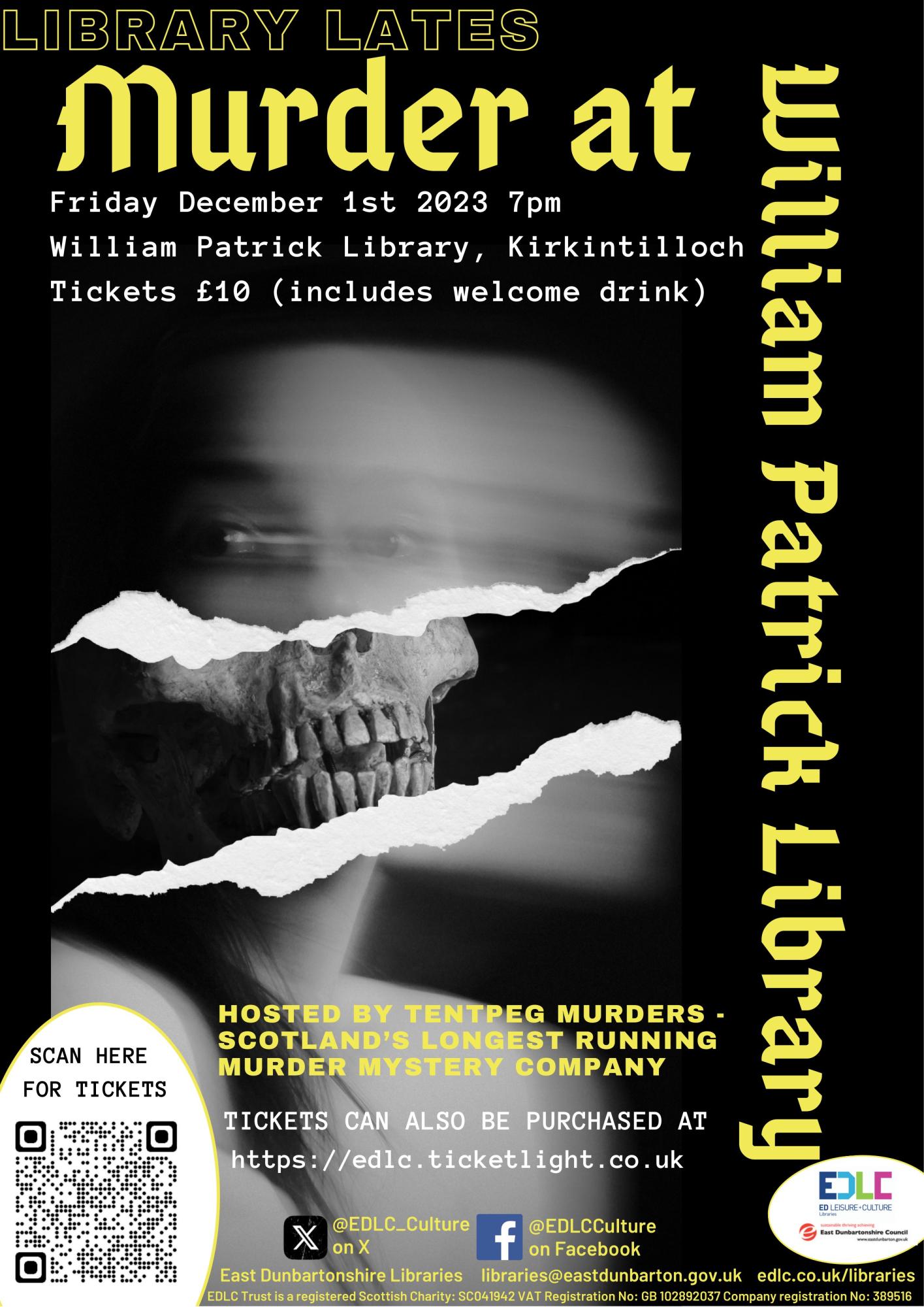 Poster for murder mystery event at William Patrick Library, including image of a skull and wording - contained within text of article