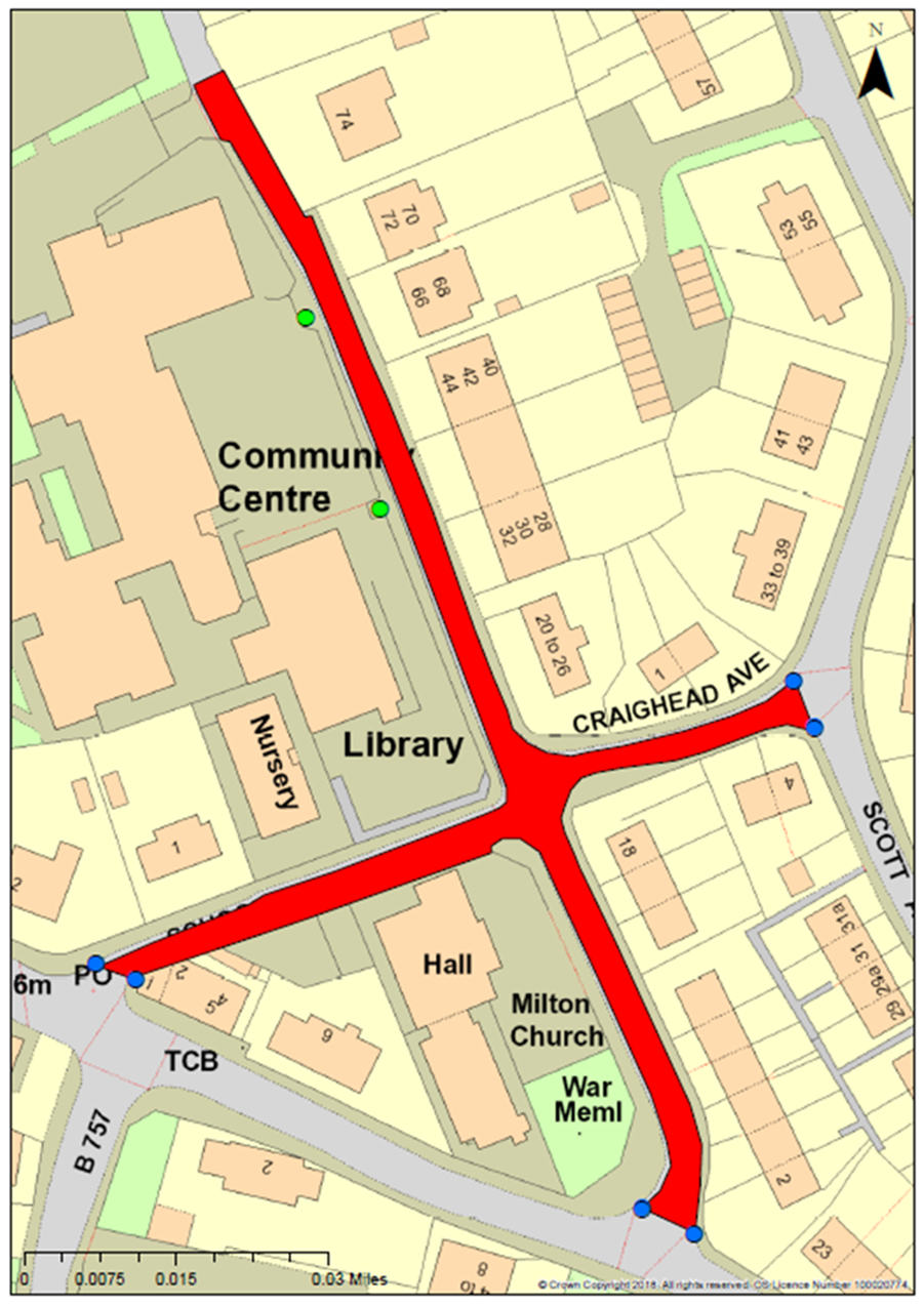 Map of area surrounding Craighead Primary School in Milton of Campsie highlighting that Craighead Road, Craighead Avenue and School Lane will be closed during school hours as part of the pilot. The map also shows potential sign locations.