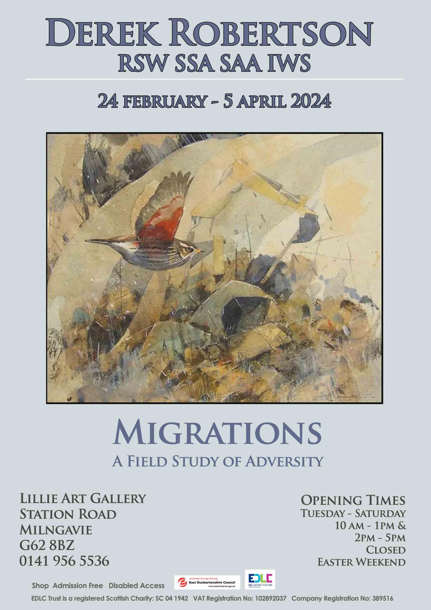 Poster advertising Derek Robertson exhibition at the Lillie Art Gallery - 24 February - 5 April 2024