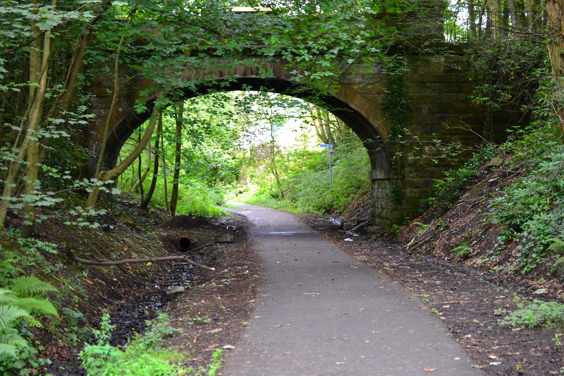 Strathkelvin Railway Path - green verge and path leading under brick railway bridge