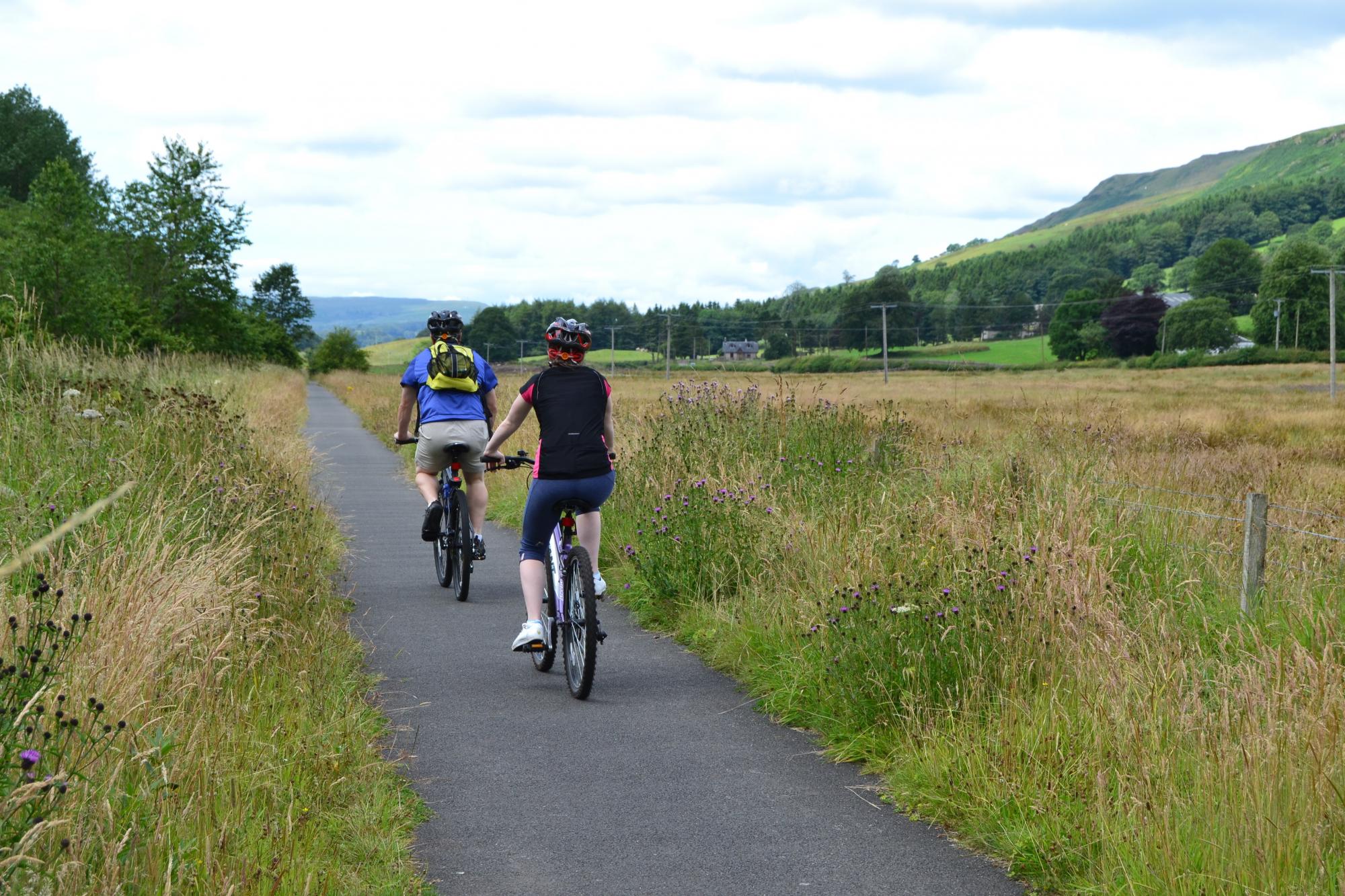 two cyclists riding on path through grassland