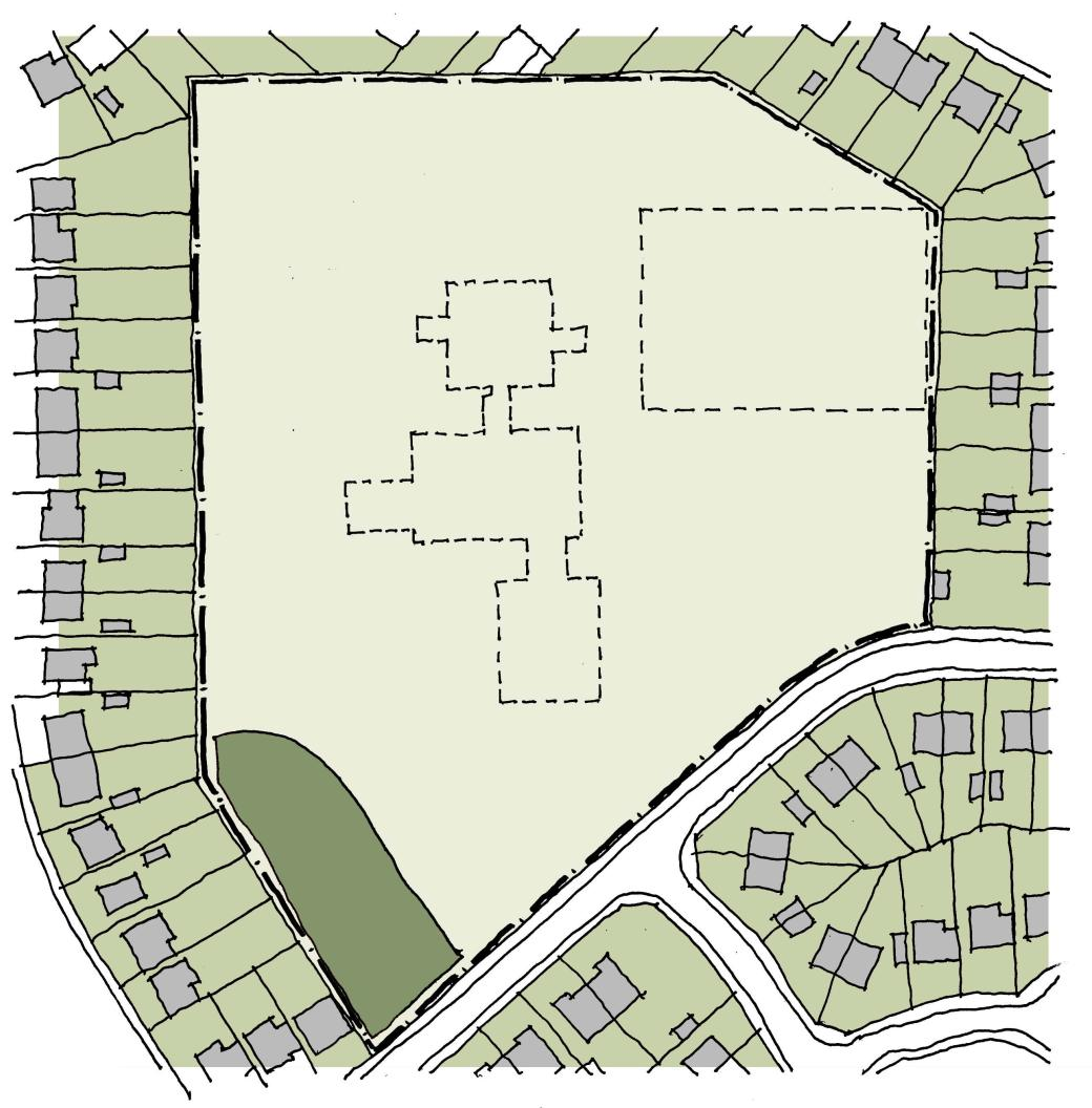 Aerial view of Greenspace and ecology plans showing orchard in darker green