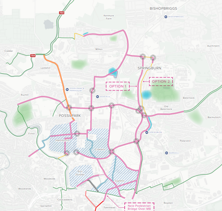 Title: North Glasgow map - Description: Map shows existing and proposed active travel network for North Glasgow and Bishopbriggs.