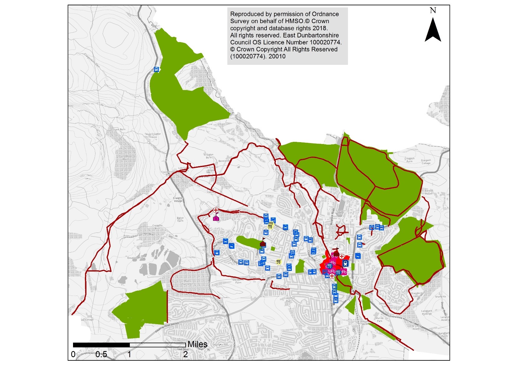Title: Map of Milngavie - Description: Shows key trip generators and off-road active travel routes