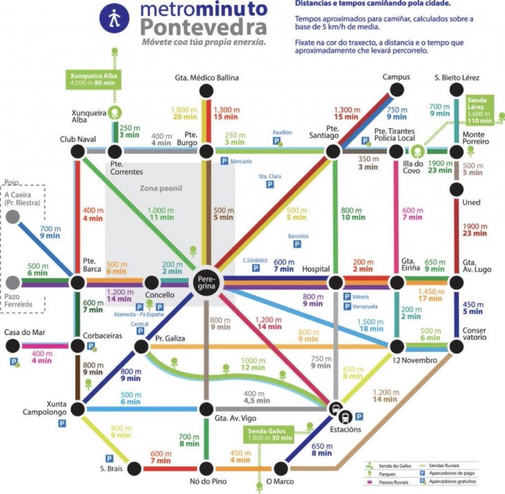 Title: Map of Pontevedra, Spain - Description: A walking map of a Spanish town that implemented a walking network