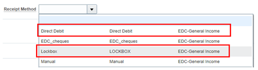 Screenshot of the receipt methods listed in a drop down with Direct Debit and Lockbox highlighted red