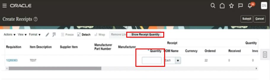 screenshot showing the show receipt quantity highlighted red