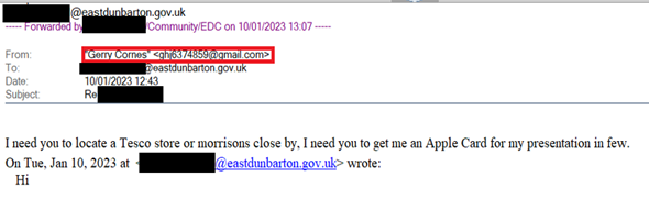 Example of a scam email showing Gerry Cornes' name next to a fake email address