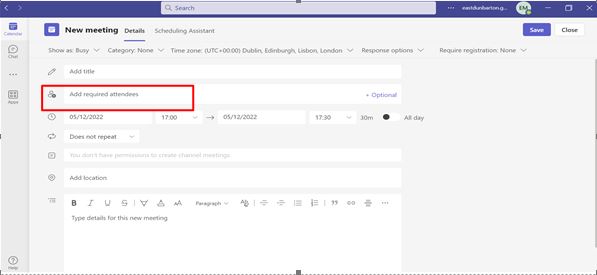 screenshot showing the microsoft teams new meeting window with add required attendees circled red