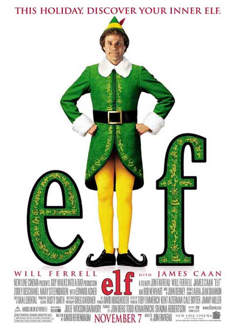 Elf movie poster featuring will ferrell in an elf costume on a white background