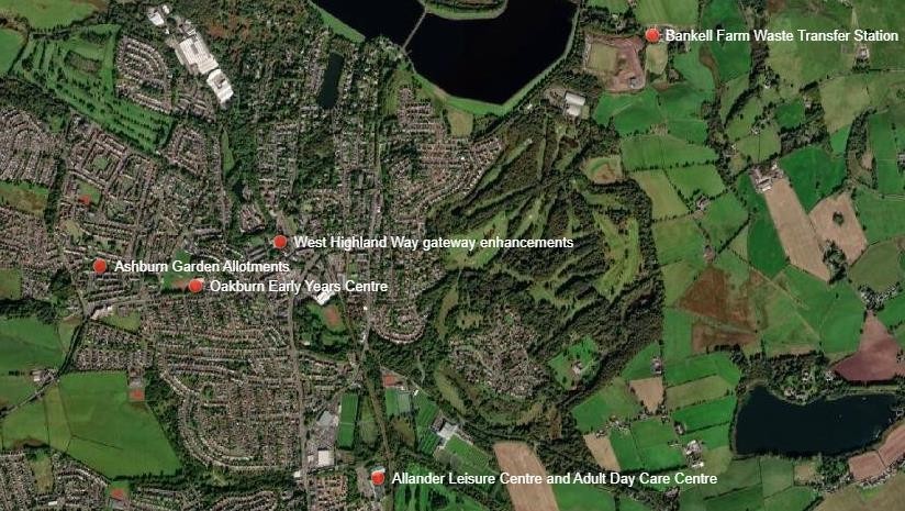 map showing Council projects identified in the Milngavie Community Policy in LDP2 (Policy 6.CF)