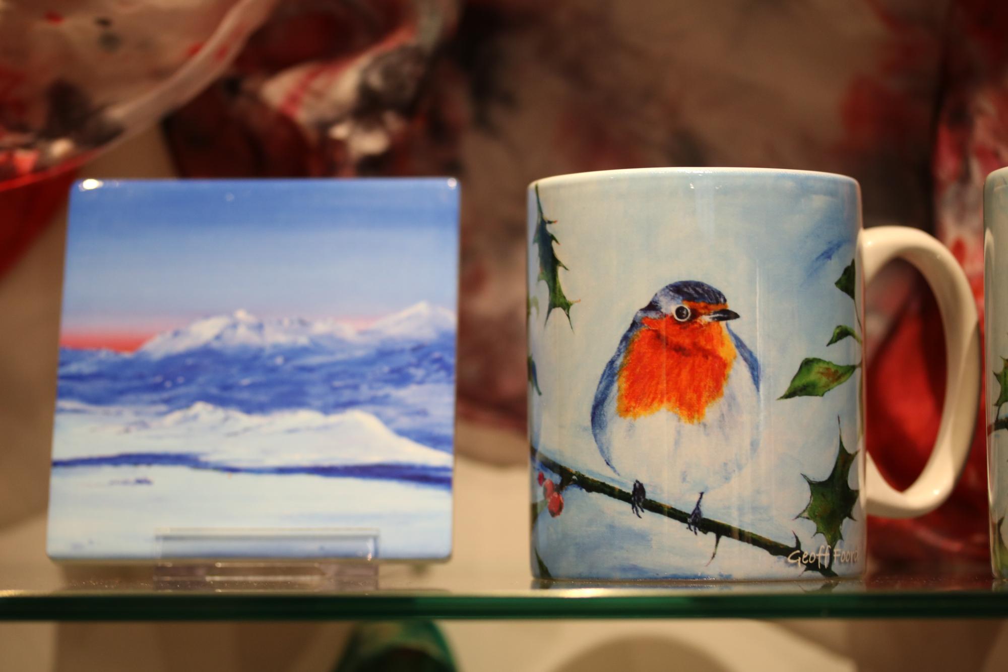 Winter scene card and mug with robin on branch
