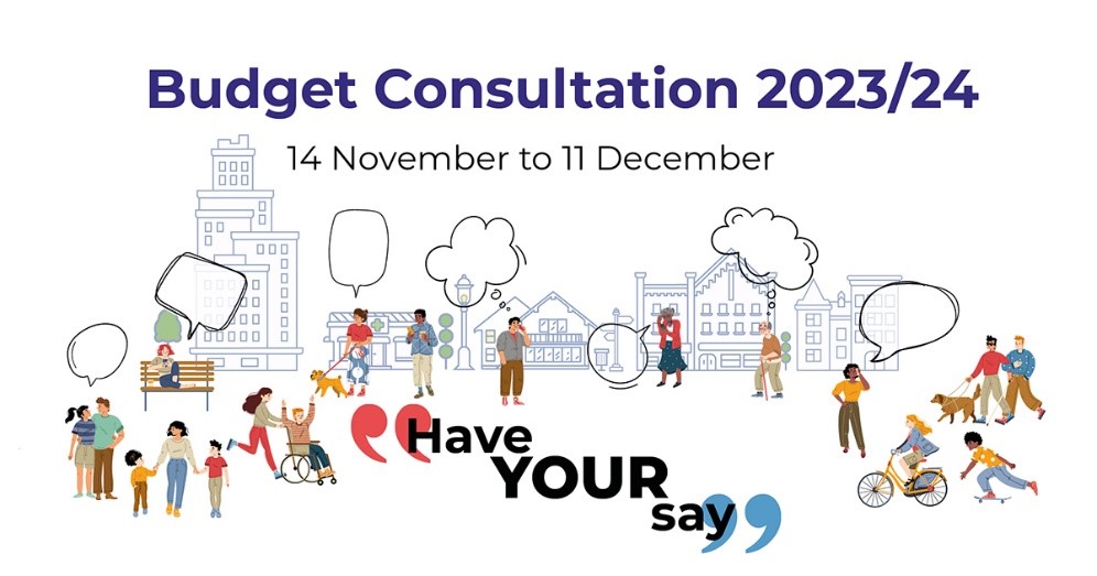 graphic with people with thought bubbles and text reading Budget Consultation 14 November – 11 December