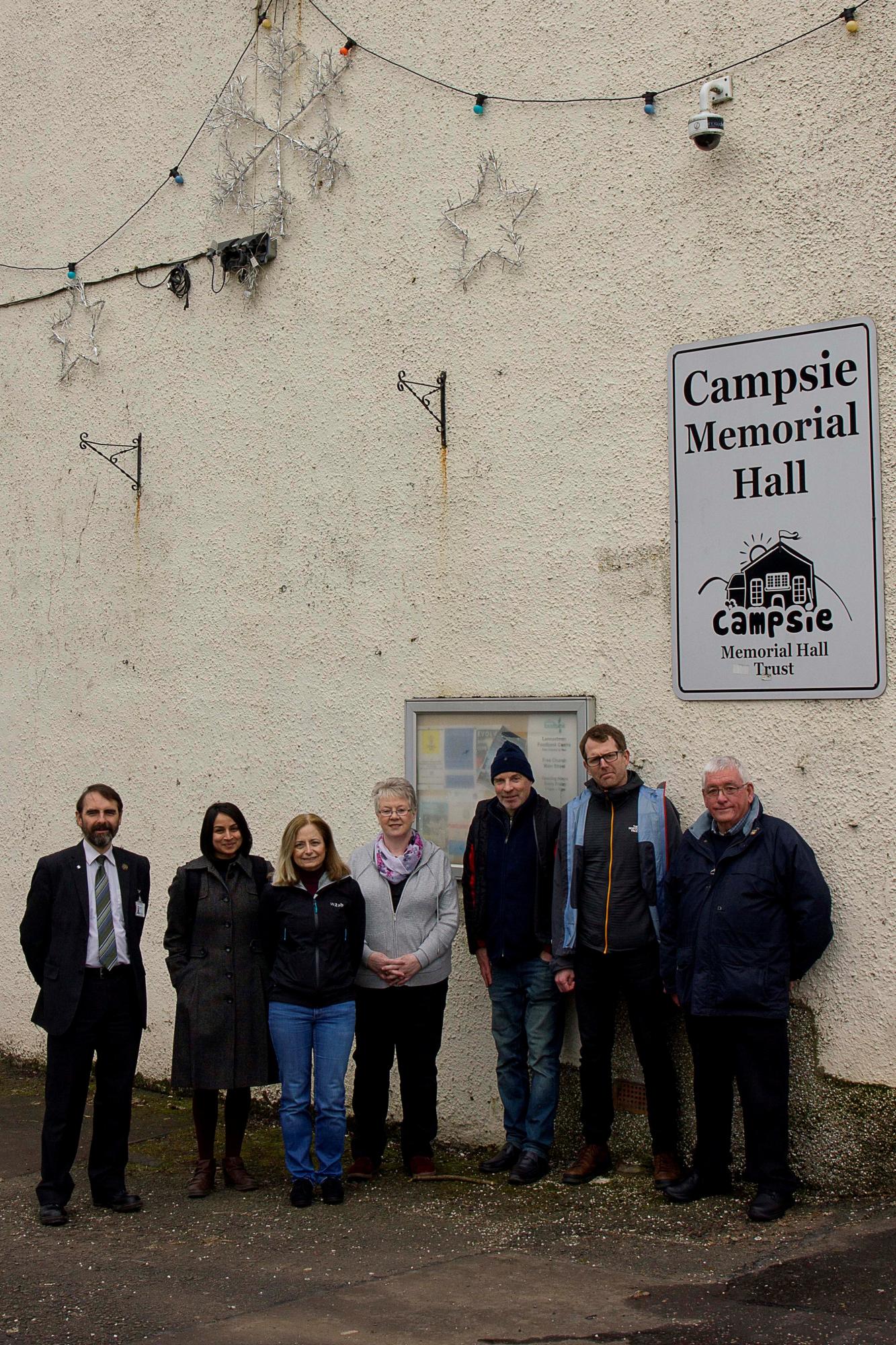 Council Leader Gordan Low with Catherine Drummond and Council Officers outside Campsie Memorial Hall