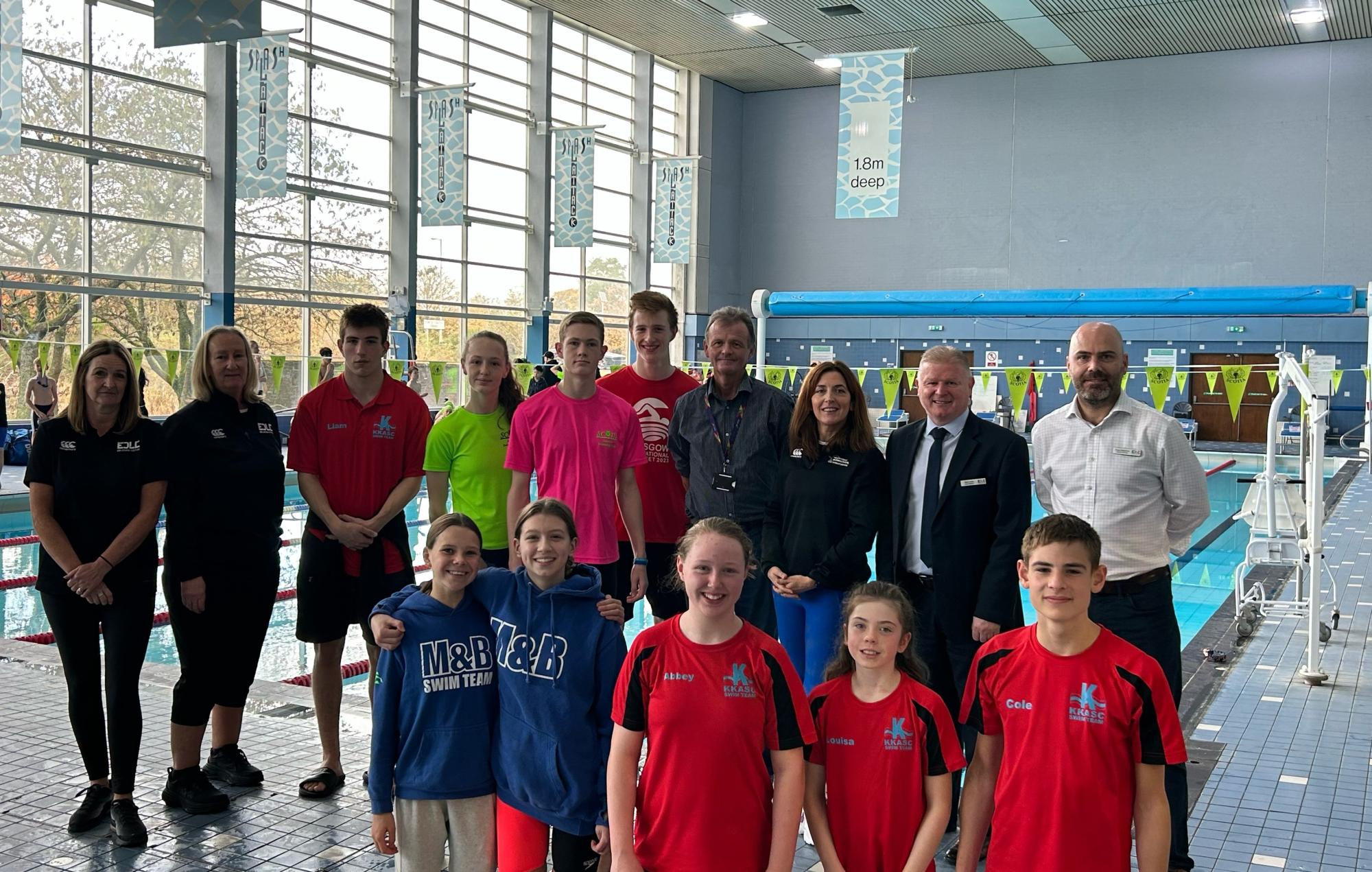 Cllr Gibbons (fourth right) and Mark Grant, EDLC Trust General Manger (second right) with organisers and competitors at The Leisuredrome.
