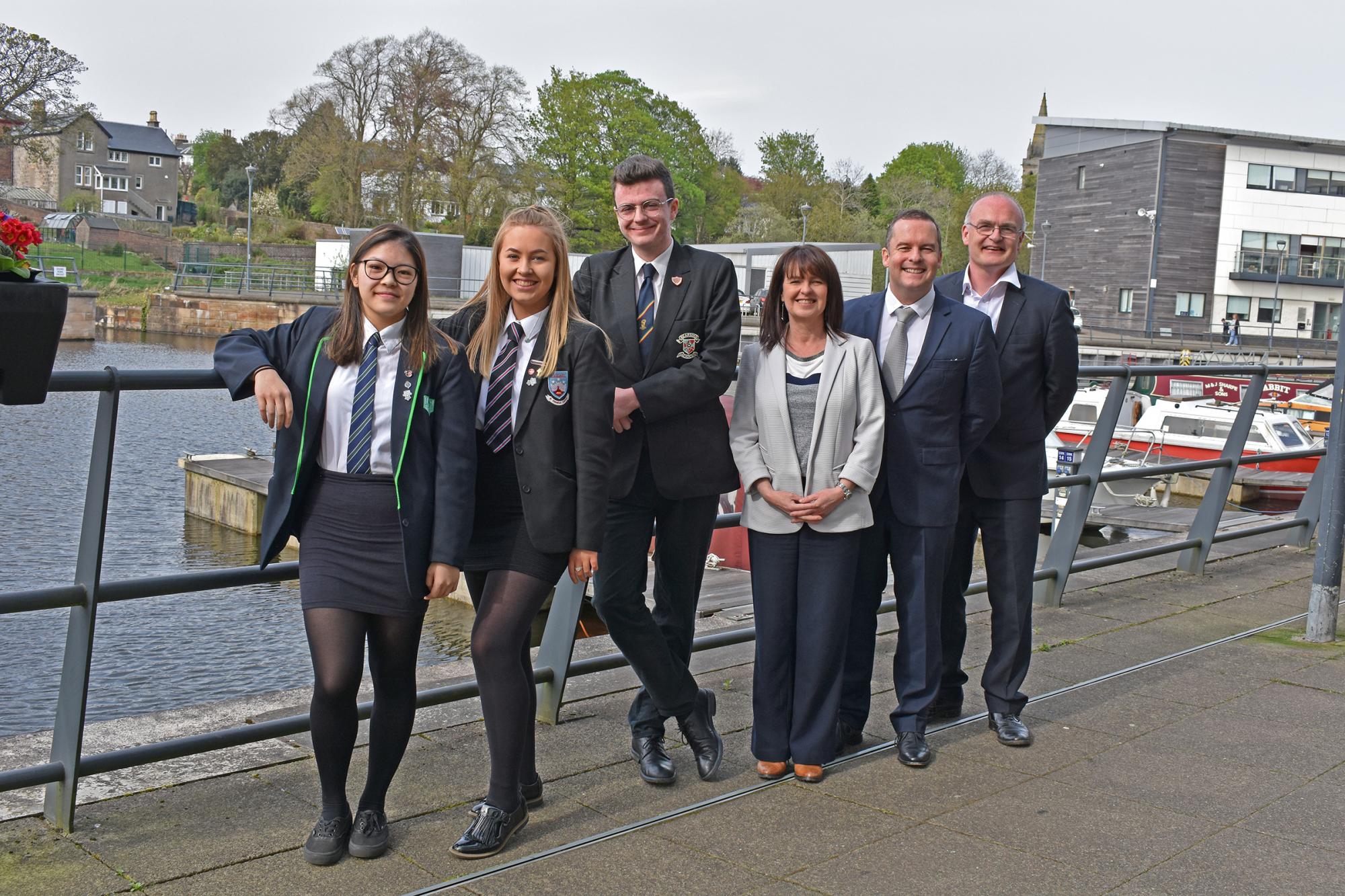 Elected MSYPs in 2019 - (ltor) Caitie Mak, Charlotte Boyle, Joe Thomas, Dep Chief Executive - Education, People & Business, Ann Davie, Joint Council Leader, Andrew Polson and Joint Council Leader Vaughan Moody 