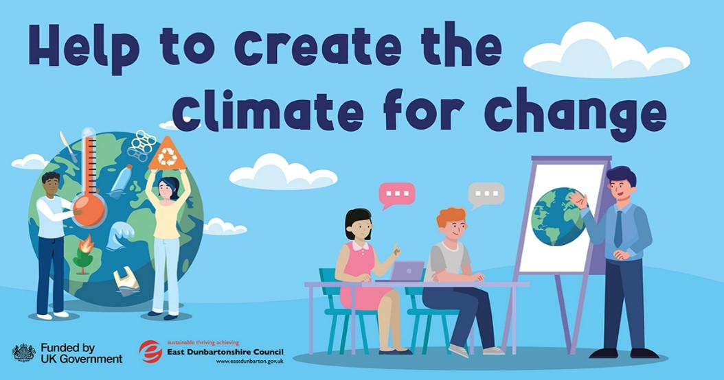 People participating in carbon literacy training with the words "help to create the climate for change" above them