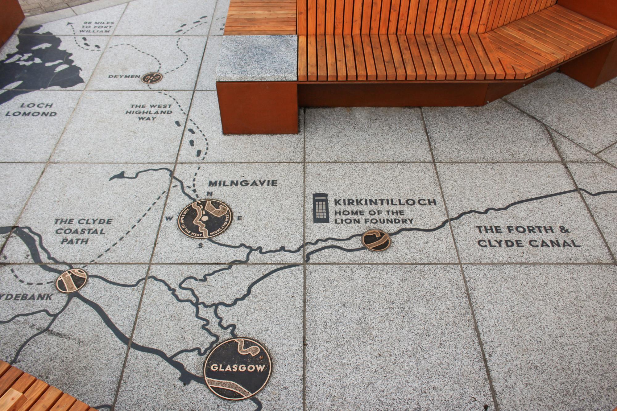 map drawn on white tile floor showing the location of glasgow, milngavie, kirkintilloch and the canal