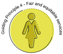 Circle with woman in the middle and text above reading Guiding Principle 4 Fair and Equitable Services