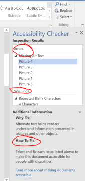 screenshot of the accessibility checker on microsoft word with errors, warnings and how to fix circled red