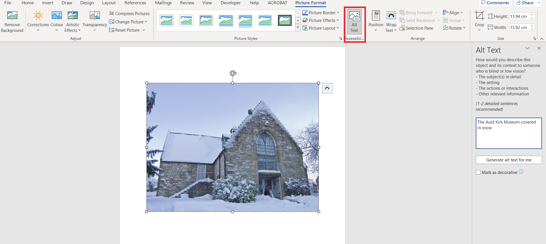 Screenshot of Microsoft Word showing alt text being input for images