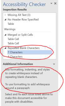 screenshot of the microsoft word accessibility checker with the repeated blank characters and additional information circled red