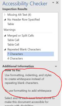 screenshot of the microsoft word accessibility checker with the how to fix section circled red