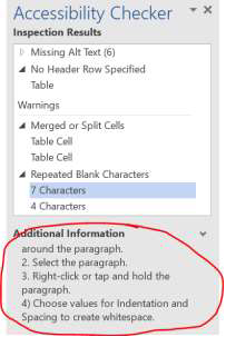 screenshot of the microsoft word accessibility checker with the additional information section circled red