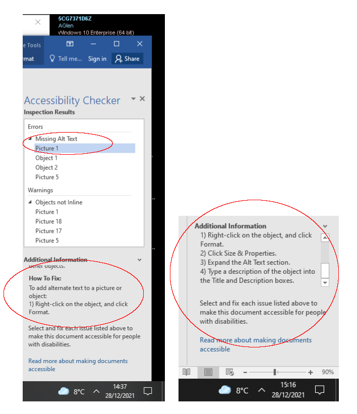 screenshot of the microsoft word accessibility checker with the missing alt text, how to fix and additional information section circled red