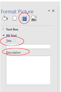 screenshot of the microsoft word accessibility checker with the additional information section format picture setting open with title and description circled red