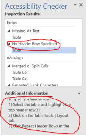 screenshot of the microsoft word accessibility checker with the no header row specified section circled red