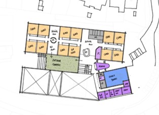 Initial sketch ground floor plan of the primary school building on existing school site, showing early years, admin & entrance, outdoor terrace, WCs, classrooms, and social area.