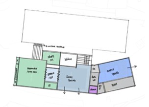   Initial sketch lower ground floor plan of the primary school building on existing school site, showing early years, admin, gym area, drama, kitchen & dining, WCs, plant area.