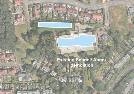   Demolitions on existing site; site plan highlighting the existing school building and annex that are to be demolished as part of the construction process, prior to new building works.