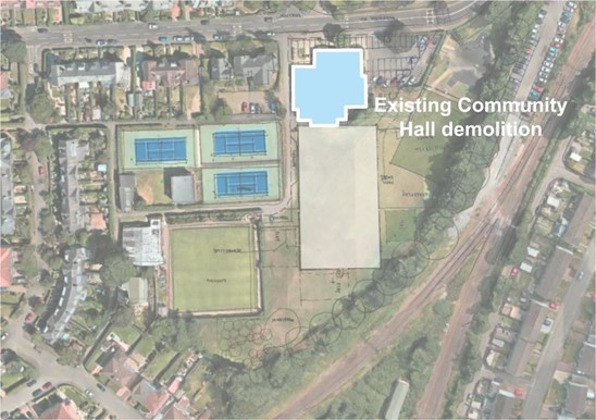 Demolitions on new site; site plan highlighting the existing community hall & library that are to be demolished as part of the construction process, prior to new building works.