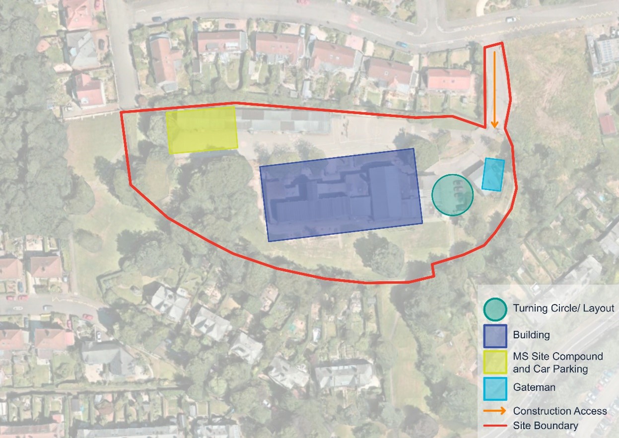 Indicative plan of existing school site highlighting the on-site construction strategy.