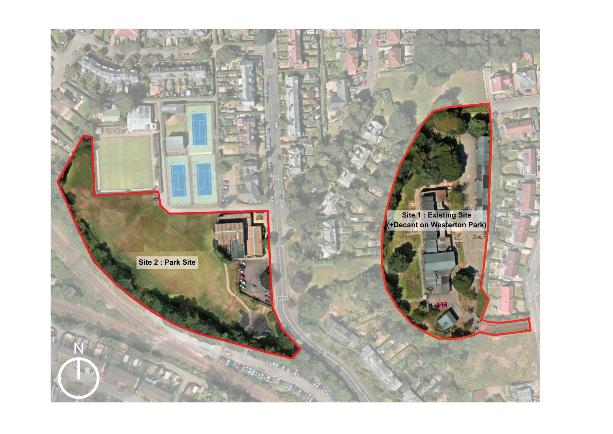 A map of Westerton highlighting the two sites under consideration for the new Westerton Primary School. Site 1 is the existing school site. Site 2 is the Westerton Park site.
